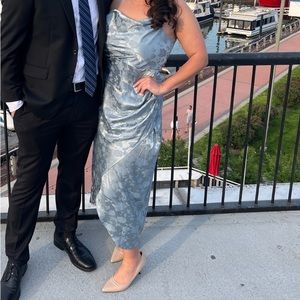 Light blue, floral pattern dress! Great for wedding guest attire